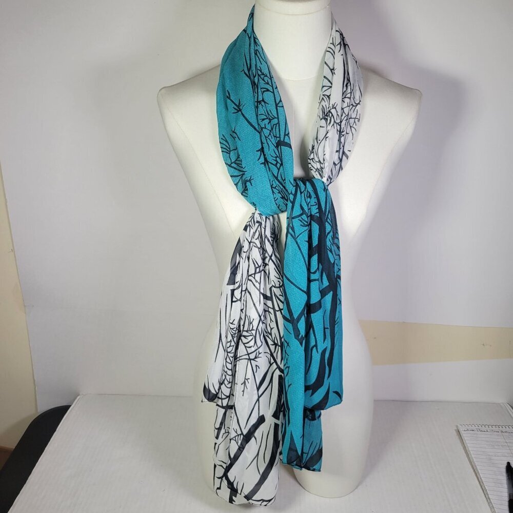 Blue & White Women Elegant Gradient Tree Branch Print Lightweight Sheer Scarf